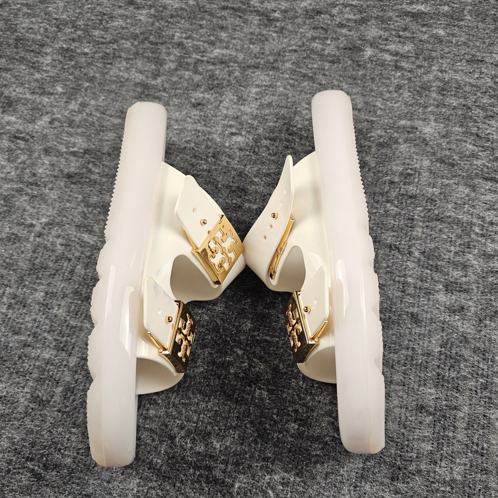 Tory Burch Buckle Bubble Jelly Slide Sandals Gold Logo New Ivory 8M - Picture 5 of 11